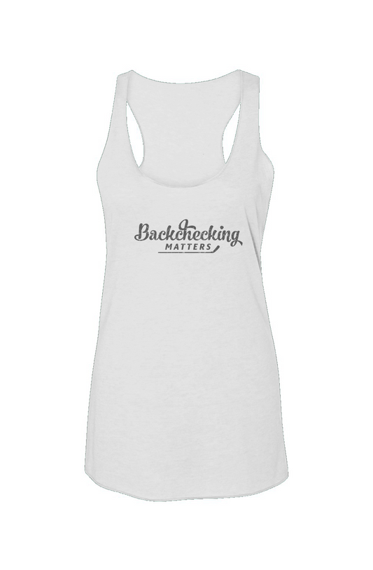 Backchecking Matters Racerback Barn Tank White | Barn Garb Hockey Threads