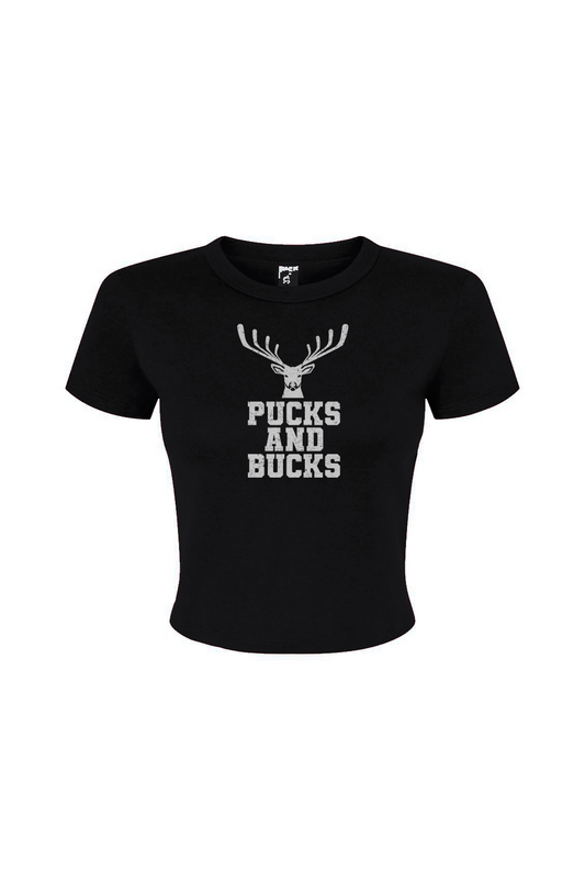 Barn Babe Pucks And Bucks Stacked Baby Tee Black | Barn Garb Hockey Threads