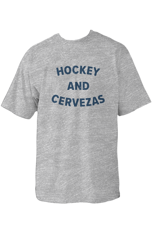 Hockey and Cervezas 90s Throwback Tee Grey | Barn Garb Hockey Threads