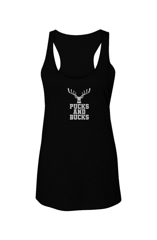 Pucks And Bucks Stacked Racerback Barn Tank Black | Barn Garb Hockey Threads