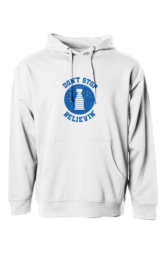 The Bench Boss Don't Stop Believin' Hoodie White | Barn Garb Hockey Threads