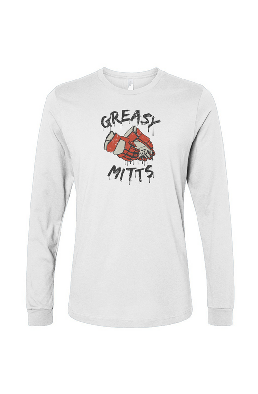 The Benchwarmer Greasy Mitts Long Sleeve White | Barn Garb Hockey Threads