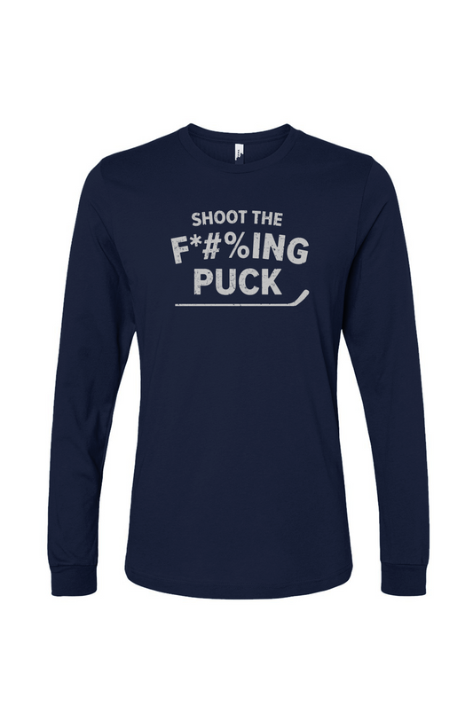The Benchwarmer Shoot the F*#%ing Puck Long Sleeve Navy Blue | Barn Garb Hockey Threads