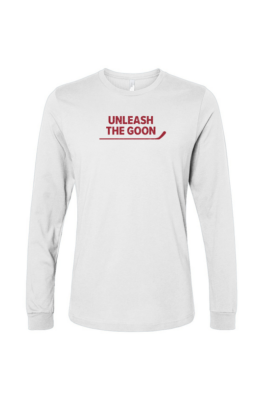 The Benchwarmer Unleash the Goon Long Sleeve White | Barn Garb Hockey Threads