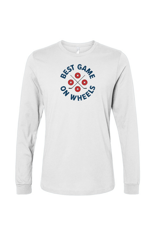 The Benchwarmer Wheels and Sticks Long Sleeve White | Barn Garb Hockey Threads