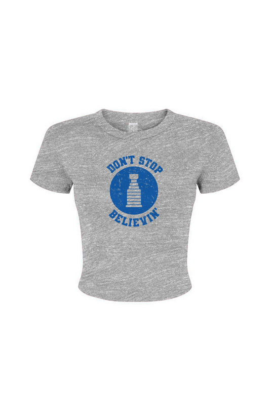 Barn Babe Don't Stop Believin' Baby Tee Grey | Barn Garb Hockey Threads