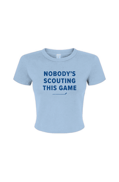 Barn Babe Nobody's Scouting This Game Baby Tee Baby Blue | Barn Garb Hockey Threads