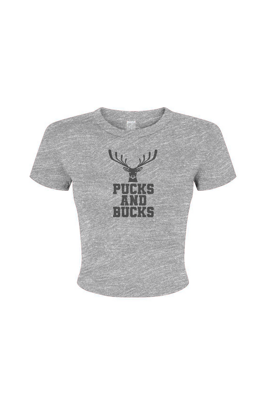 Barn Babe Pucks And Bucks Stacked Baby Tee Grey | Barn Garb Hockey Threads