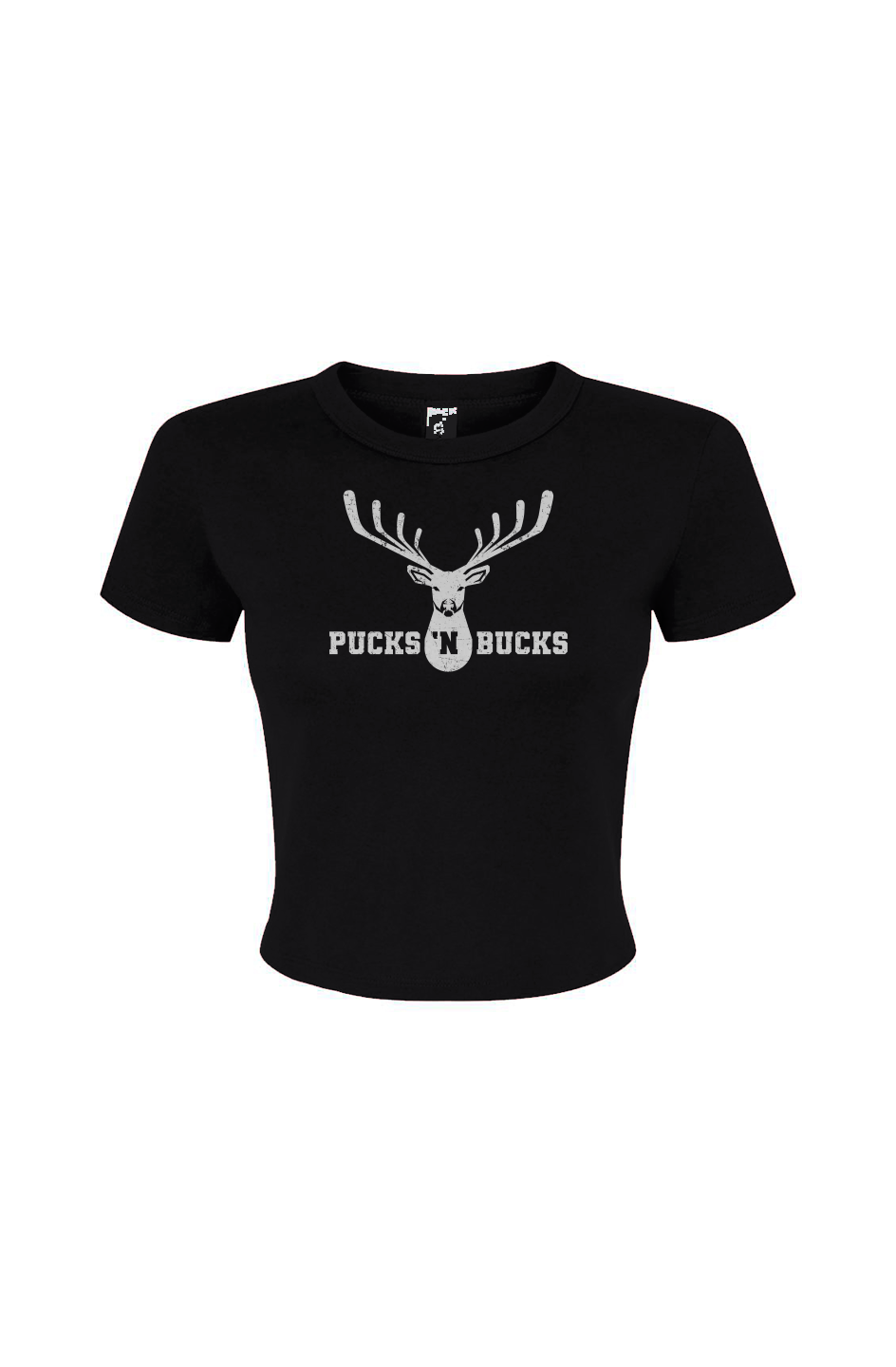 Barn Babe Pucks N Bucks Crest Baby Tee Black | Barn Garb Hockey Threads