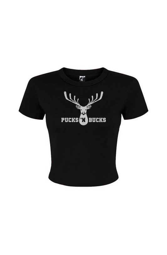 Barn Babe Pucks N Bucks Crest Baby Tee Black | Barn Garb Hockey Threads