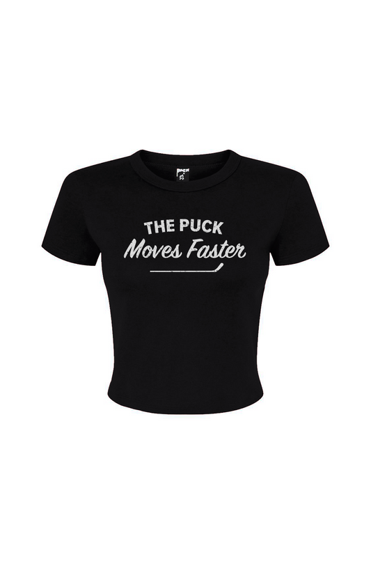 Barn Babe The Puck Moves Faster Baby Tee Black | Barn Garb Hockey Threads