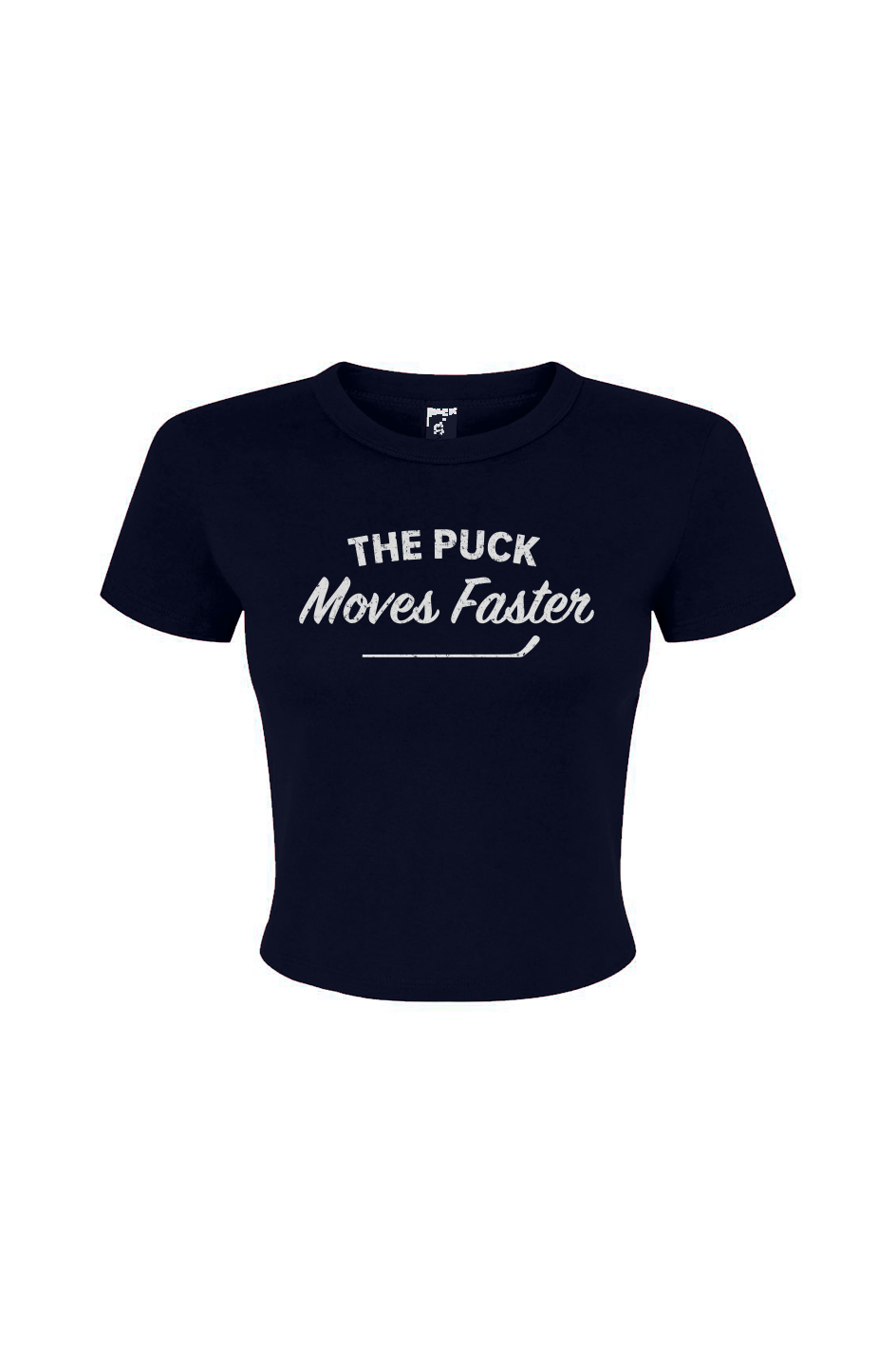 Barn Babe The Puck Moves Faster Baby Tee Navy Blue | Barn Garb Hockey Threads