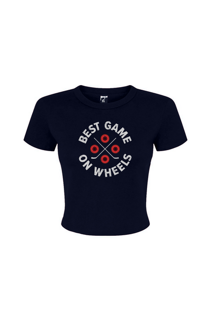Barn Babe Wheels and Sticks Baby Tee Navy Blue | Barn Garb Hockey Threads