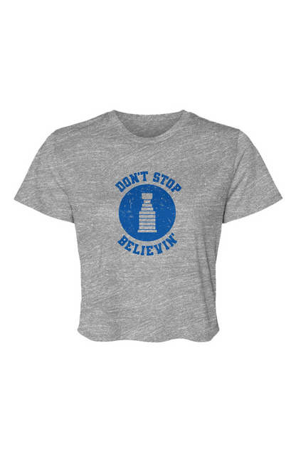 Barn Beauty Don't Stop Believin' Cropped Tee Grey | Barn Garb Hockey Threads