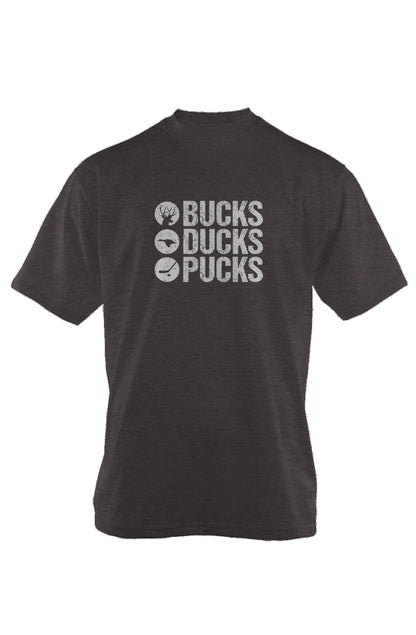 Bucks Ducks Pucks 90s Throwback Tee Charcoal Heather | Barn Garb Hockey Threads