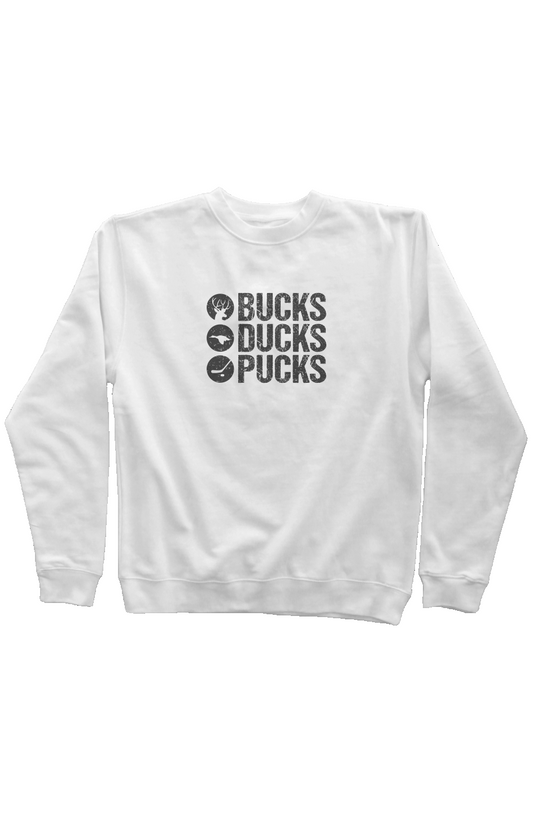 Bucks Ducks Pucks Rinkside Crewneck Sweatshirt White | Barn Garb Hockey Threads
