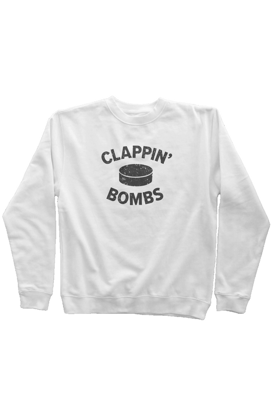 Clappin' Bombs Puck Rinkside Crewneck Sweatshirt White | Barn Garb Hockey Threads