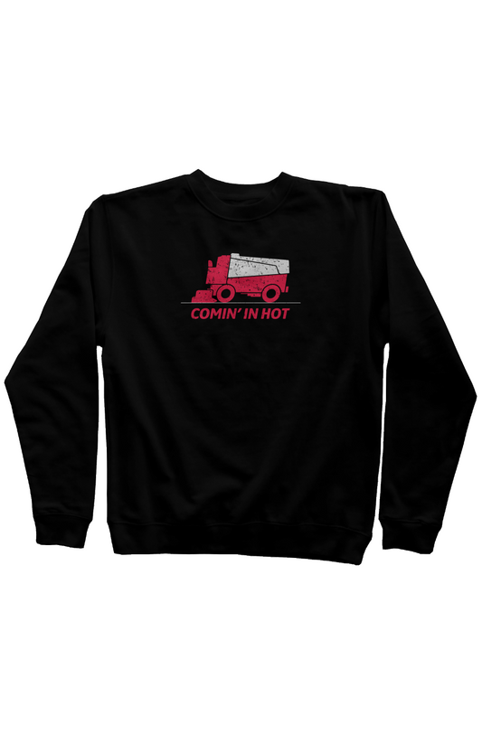 Comin' in Hot Rinkside Crewneck Sweatshirt Black | Barn Garb Hockey Threads