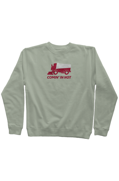 Comin' in Hot Rinkside Crewneck Sweatshirt Sage | Barn Garb Hockey Threads