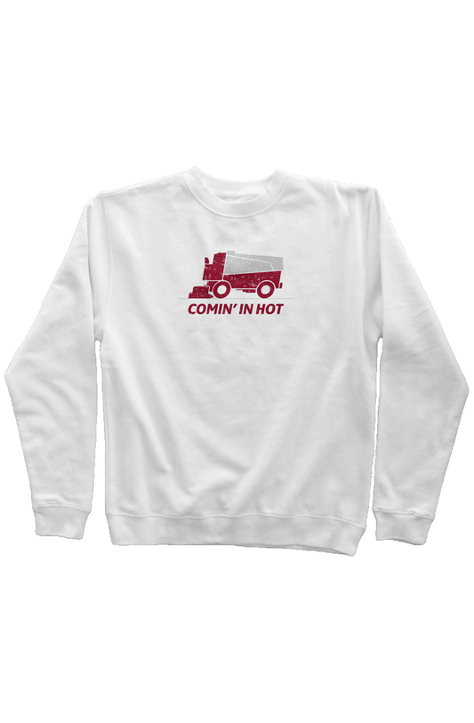 Comin' in Hot Rinkside Crewneck Sweatshirt White | Barn Garb Hockey Threads