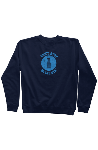 Don't Stop Believin' Rinkside Crewneck Sweatshirt Navy Blue | Barn Garb Hockey Threads