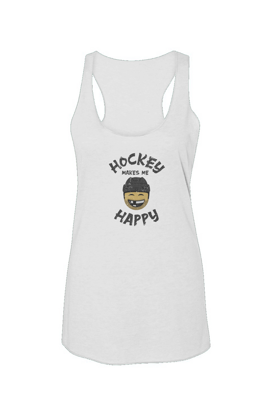 Hockey Makes Me Happy Racerback Barn Tank White | Barn Garb Hockey Threads