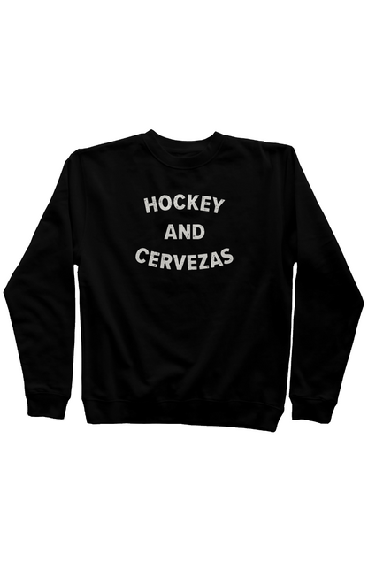 Hockey and Cervezas Rinkside Crewneck Sweatshirt Black | Barn Garb Hockey Threads