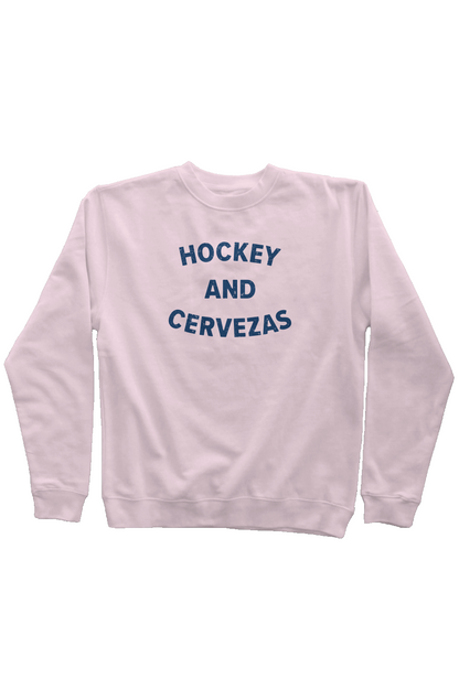 Hockey and Cervezas Rinkside Crewneck Sweatshirt Pink | Barn Garb Hockey Threads
