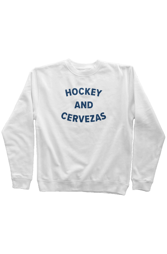 Hockey and Cervezas Rinkside Crewneck Sweatshirt White | Barn Garb Hockey Threads