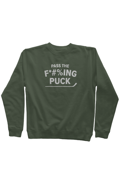 Pass the F*#%ing Puck Rinkside Crewneck Sweatshirt Military Green | Barn Garb Hockey Threads