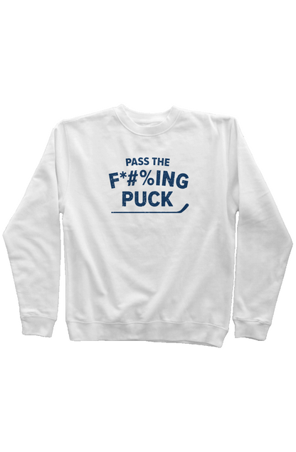 Pass the F*#%ing Puck Rinkside Crewneck Sweatshirt White | Barn Garb Hockey Threads