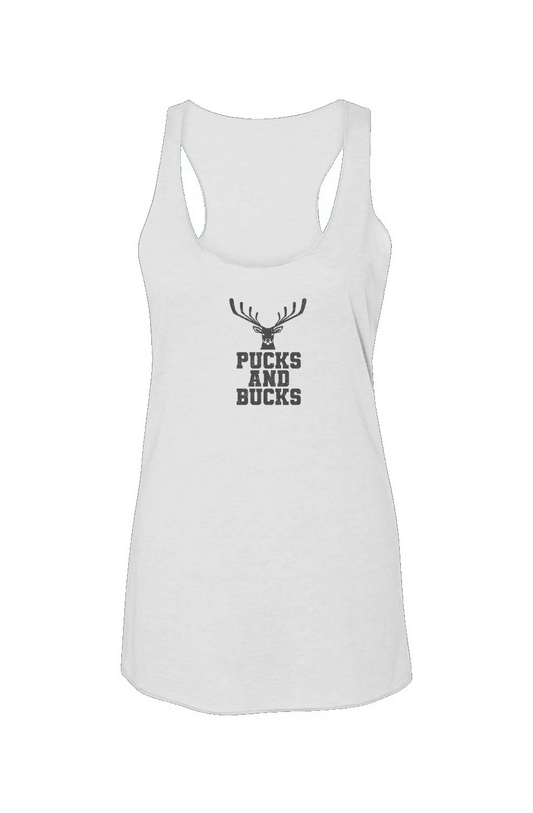 Pucks And Bucks Stacked Racerback Barn Tank White | Barn Garb Hockey Threads