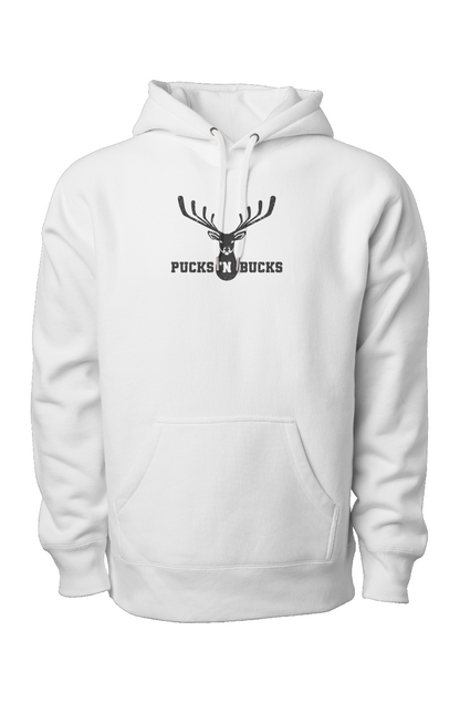 Pucks N Bucks Crest Legend Heavyweight Hoodie White | Barn Garb Hockey Threads