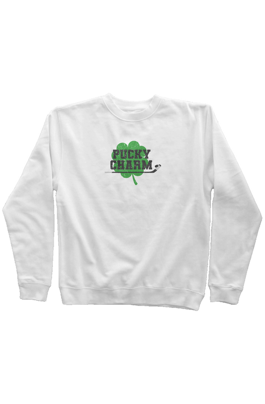 Pucky Charm Rinkside Crewneck Sweatshirt White | Barn Garb Hockey Threads