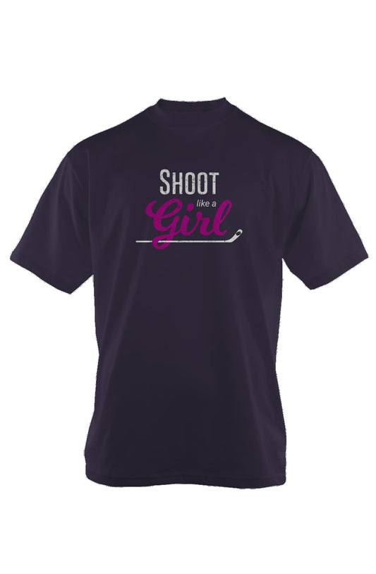 Shoot Like A Girl 90s Throwback Tee Navy Blue | Barn Garb Hockey Threads