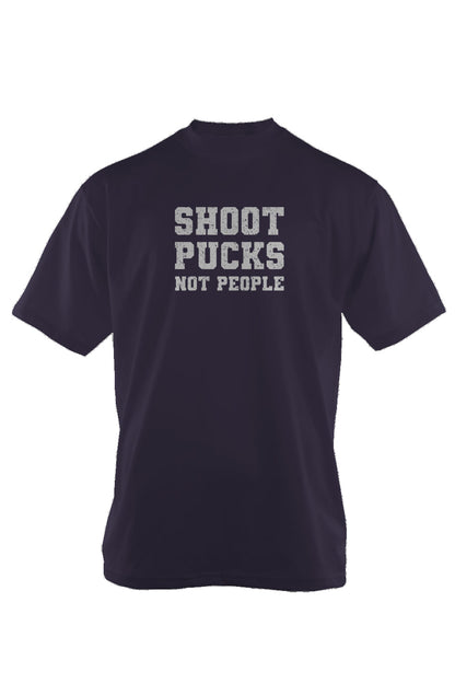 Shoot Pucks Not People 90s Throwback Tee Navy Blue | Barn Garb Hockey Threads