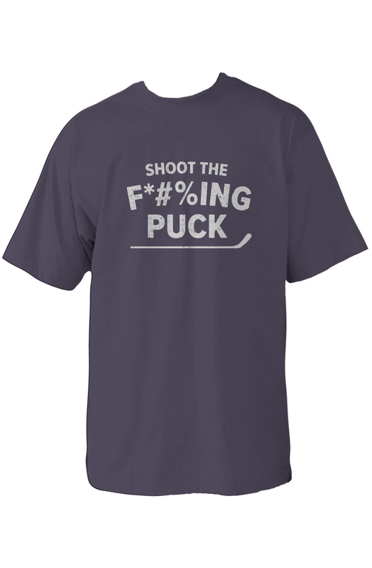 Shoot the F*#%ing Puck 90s Throwback Tee Navy Blue | Barn Garb Hockey Threads