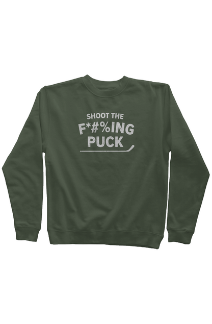 Shoot the F*#%ing Puck Rinkside Crewneck Sweatshirt Green | Barn Garb Hockey Threads