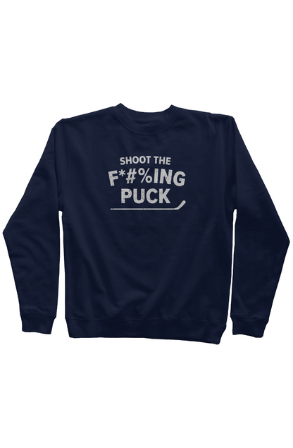 Shoot the F*#%ing Puck Rinkside Crewneck Sweatshirt Navy Blue | Barn Garb Hockey Threads