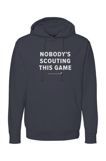 The Bench Boss Nobody's Scouting This Game Hoodie Navy Blue | Barn Garb Hockey Threads