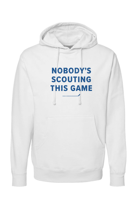 The Bench Boss Nobody's Scouting This Game Hoodie White | Barn Garb Hockey Threads