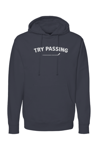 The Bench Boss Try Passing Hoodie Navy Blue | Barn Garb Hockey Threads