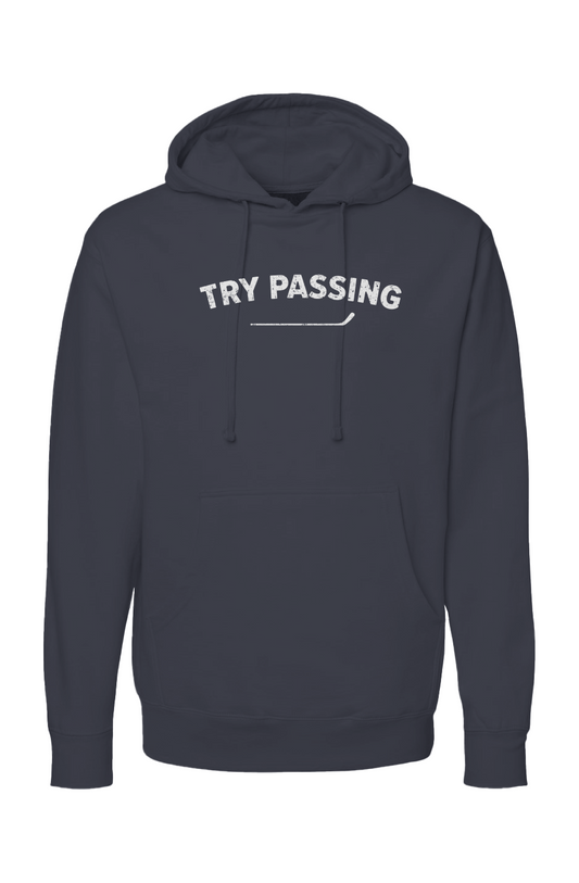 The Bench Boss Try Passing Hoodie Navy Blue | Barn Garb Hockey Threads