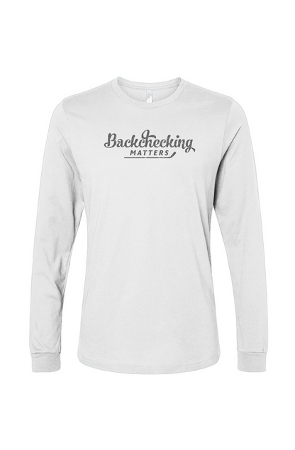 The Benchwarmer Backchecking Matters Long Sleeve White | Barn Garb Hockey Threads