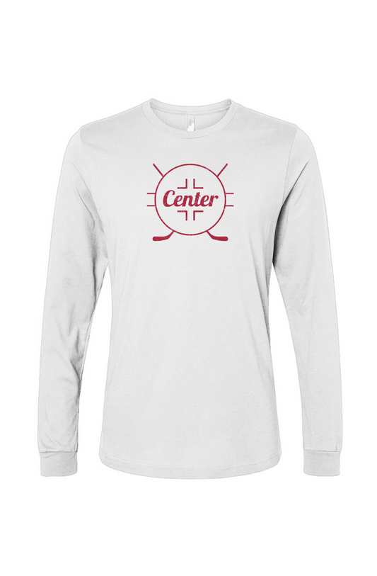 The Benchwarmer Center Faceoff Circle Long Sleeve White | Barn Garb Hockey Threads
