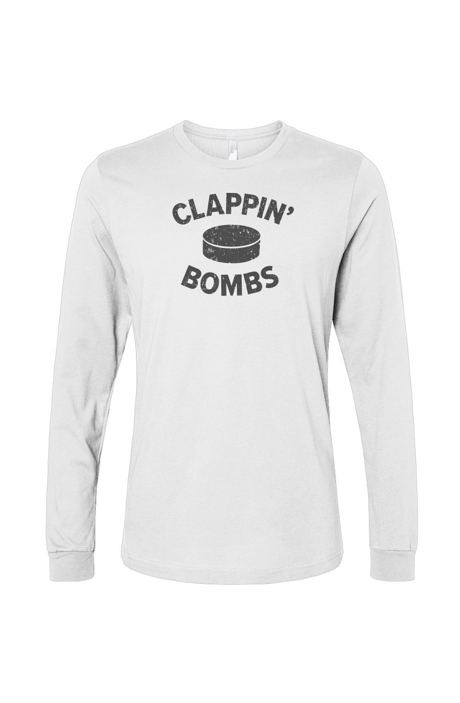 The Benchwarmer Clappin' Bombs Puck Long Sleeve White | Barn Garb Hockey Threads