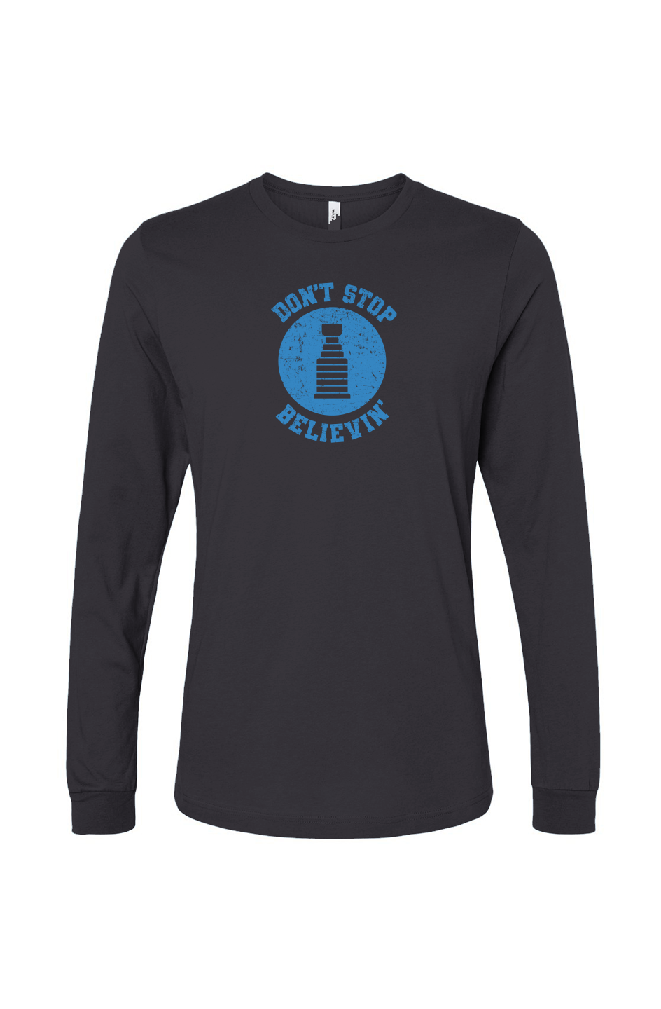 The Benchwarmer Don't Stop Believin' Long Sleeve Charcoal | Barn Garb Hockey Threads