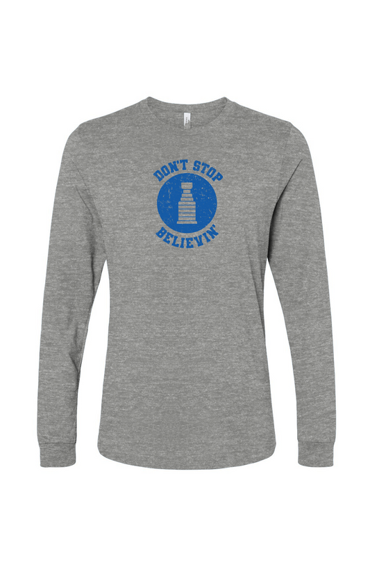 The Benchwarmer Don't Stop Believin' Long Sleeve Grey | Barn Garb Hockey Threads