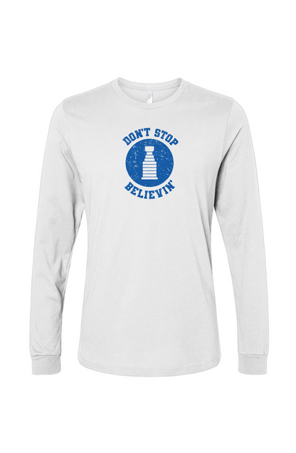 The Benchwarmer Don't Stop Believin' Long Sleeve White | Barn Garb Hockey Threads
