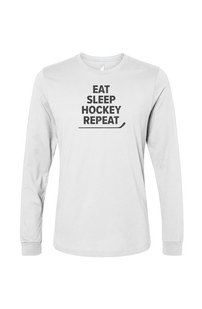 The Benchwarmer Eat Sleep Hockey Long Sleeve White | Barn Garb Hockey Threads
